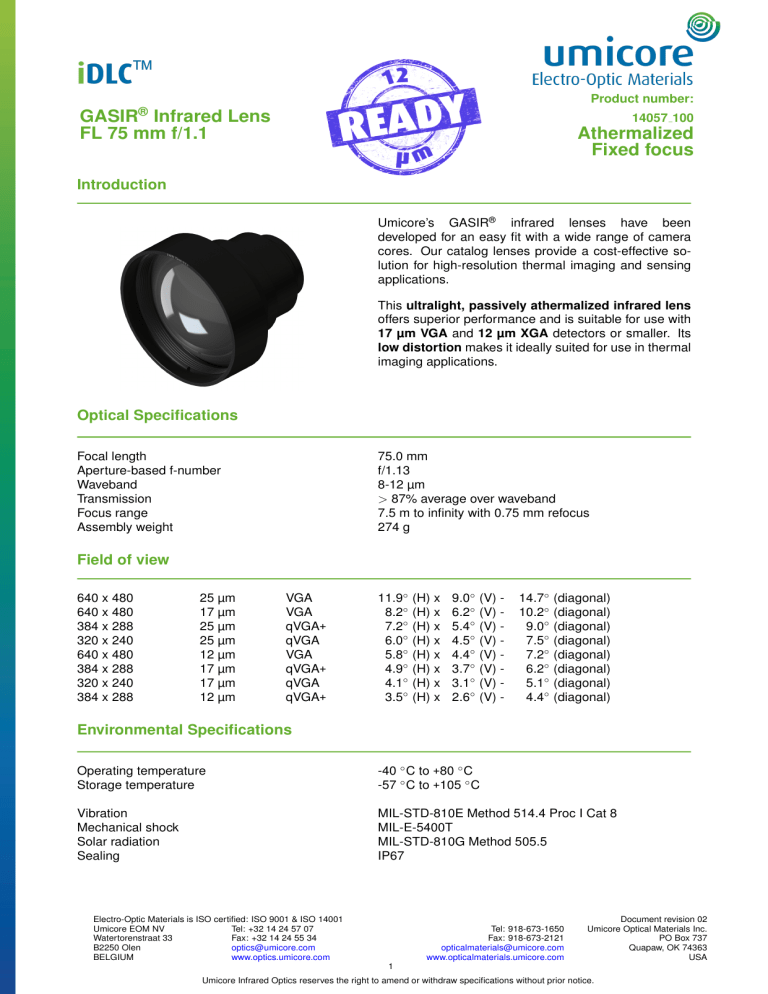 Umicore 75 Mm F 1 1 Infrared Lens With Idlc Coating Datasheet Manualzz