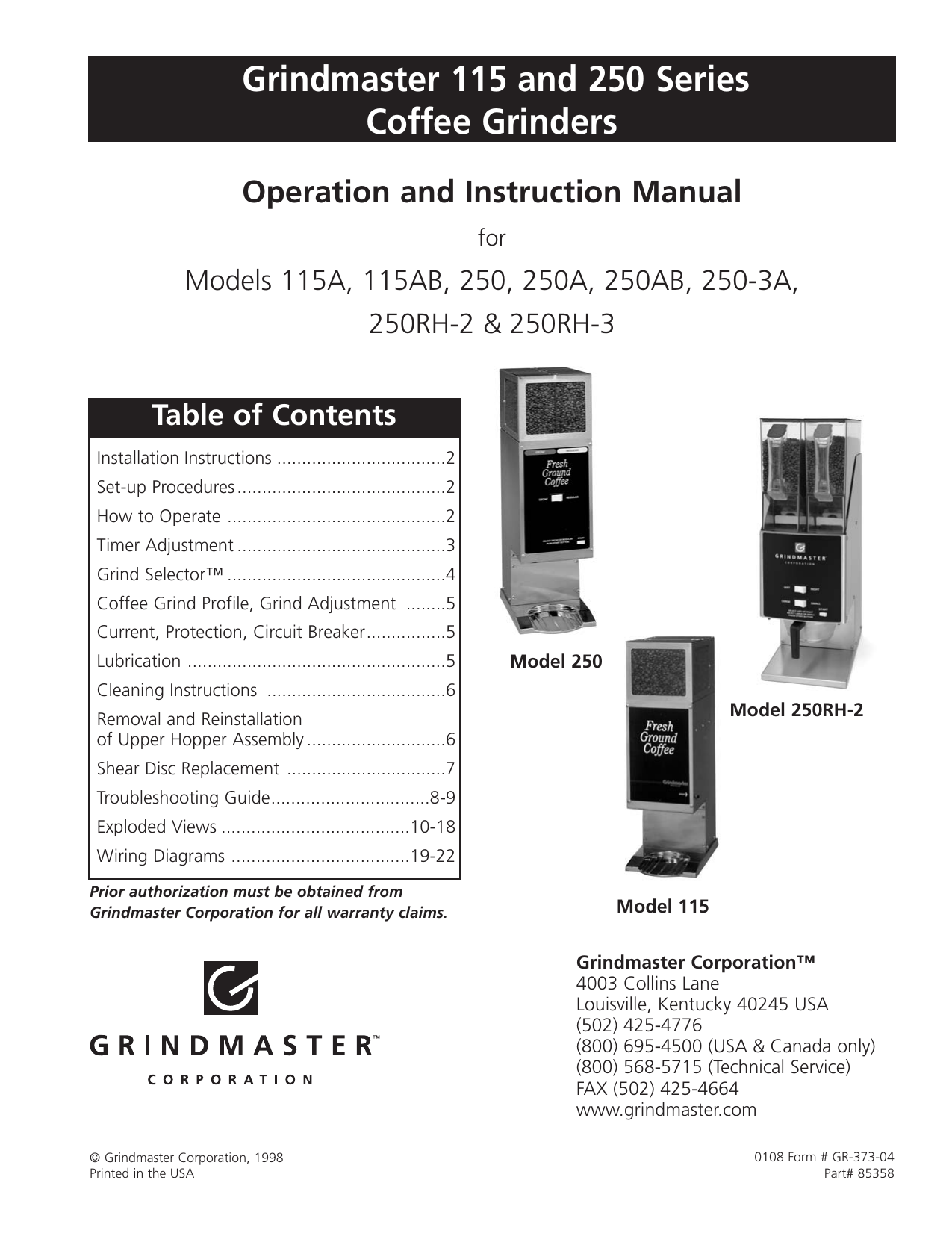 Grindmaster 115 Operation And Instruction Manual Manualzz