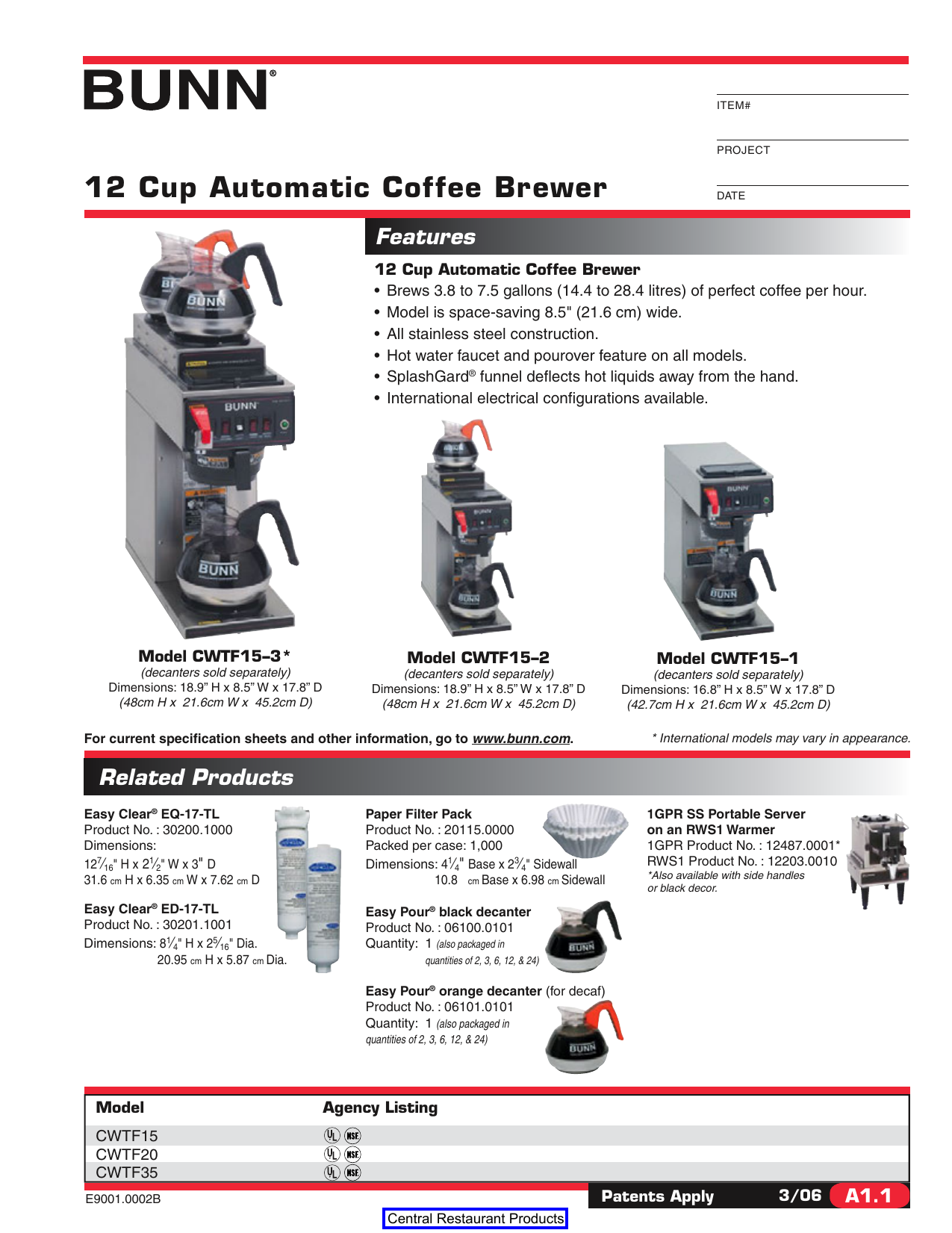 Bunn Automatic Coffee Brewer Cwtf15 Spec Sheet Manualzz