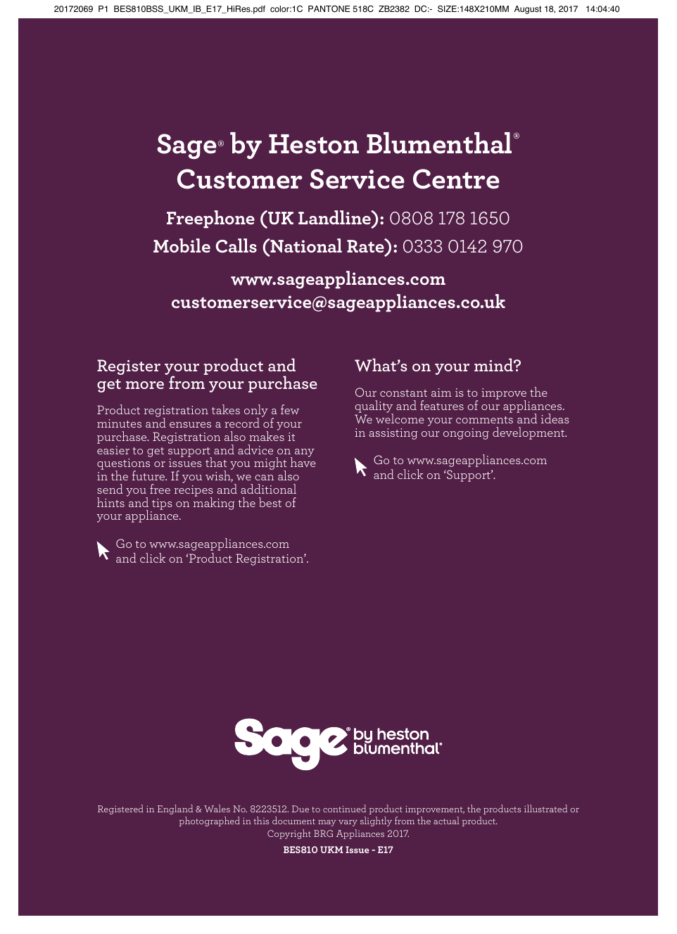 Sage® by Heston Blumenthal® Customer 