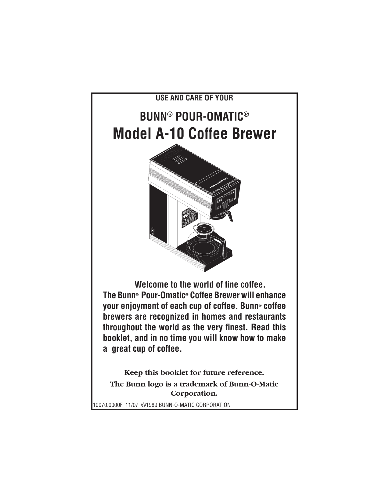 BUNN® POUROMATIC® Model A10 Coffee Brewer Manualzz