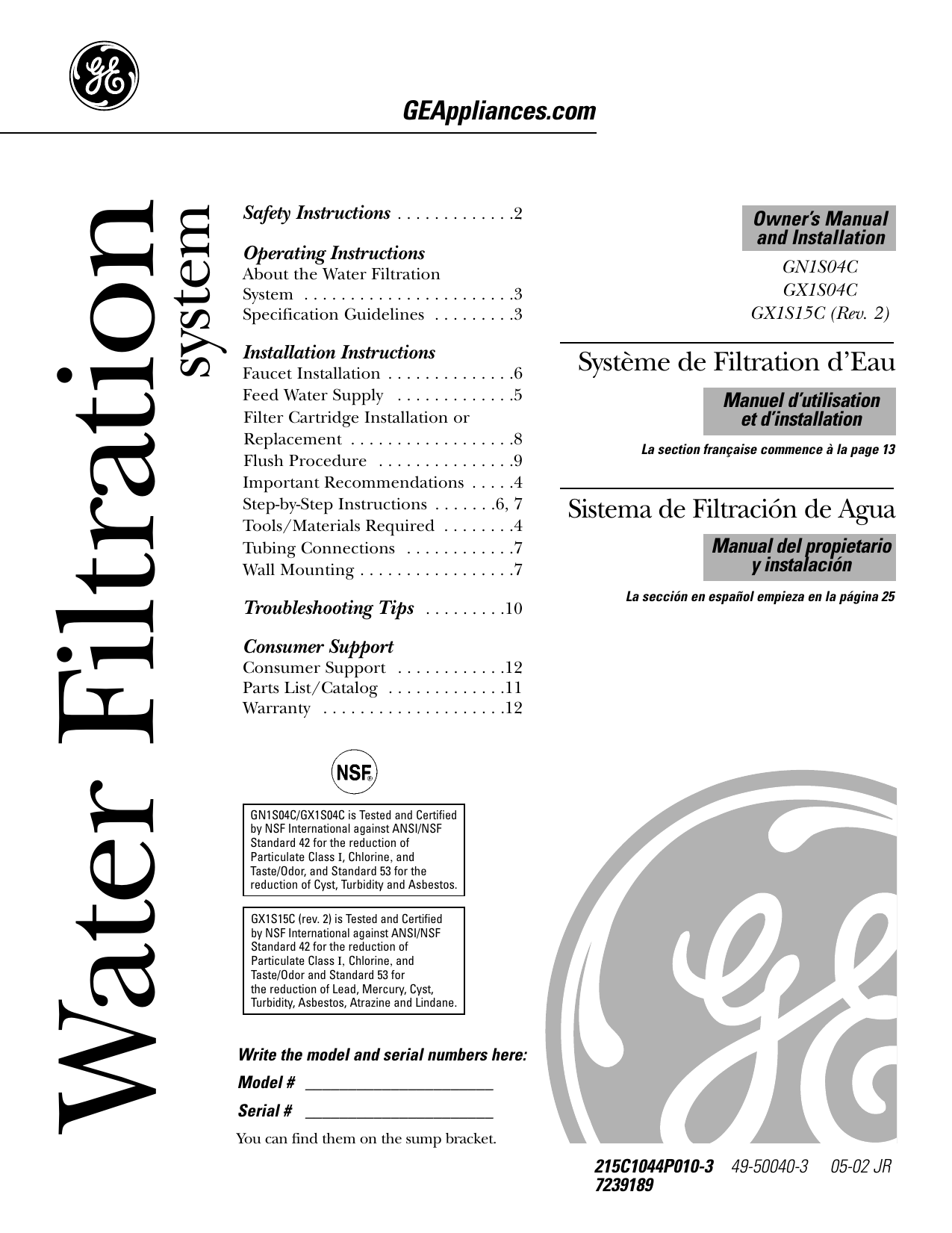 GE GX1S15C Single Stage Drinking Water Filter Use and Care Manual