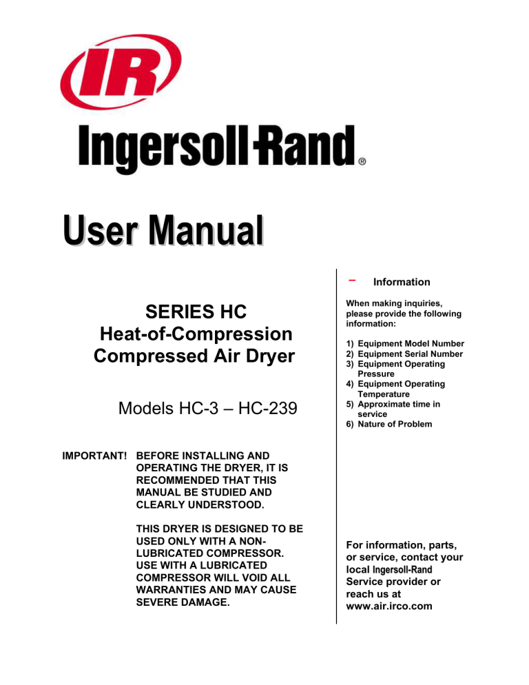 Hc 103 Ir Air Dryer Instruction Manual Manualzz