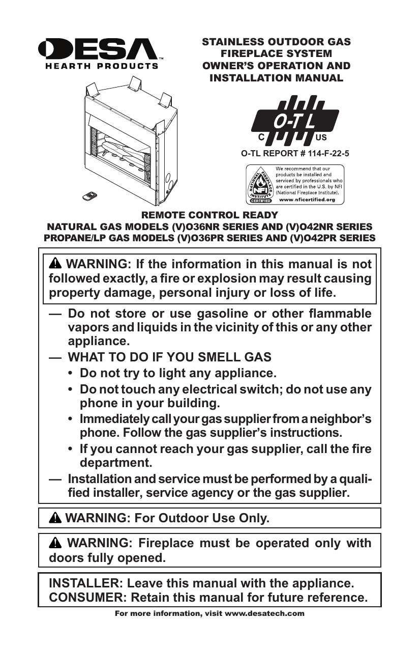 Desa Tech O42PR, O36PR, O42NR, VO42PR, O36NR, VO36NR, VO36PR, VO42NR  Owner's manual | Manualzz