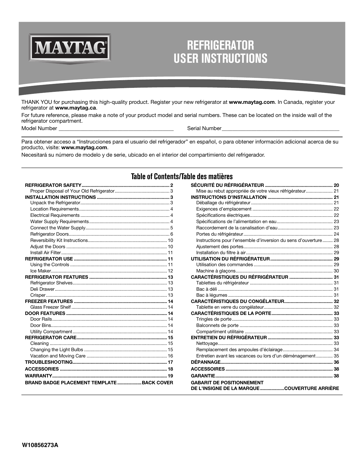 Maytag MRT311FFFZ Refrigerator Owner's Manual Manualzz