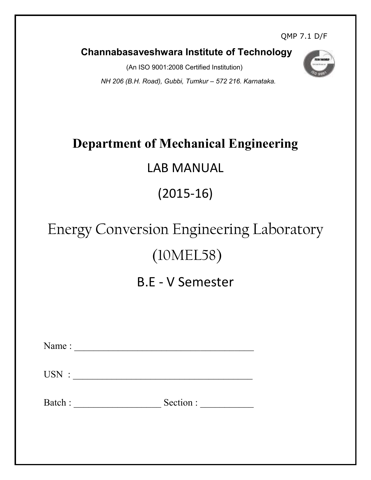 Energy Conversion Lab Manual For Mechanical Engineering