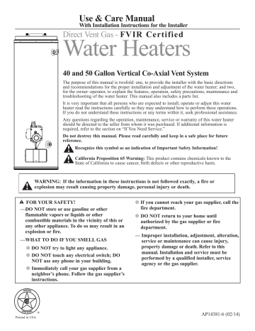 Rheem PROG40-36N RH62 MH DVX Residential Gas Water Heater Use and Care  Manual | Manualzz