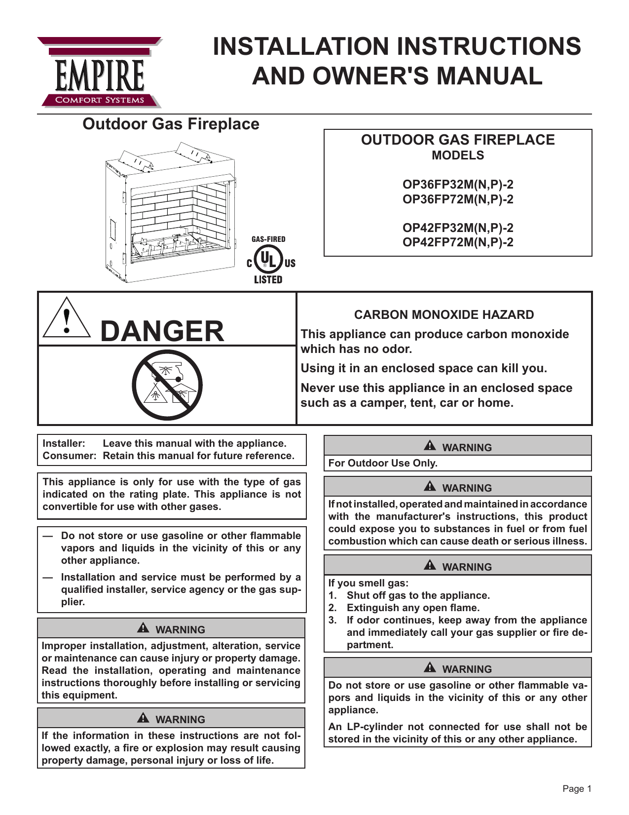 Empire Comfort Systems OP42FP32MP-2 Owner's Manual | Manualzz