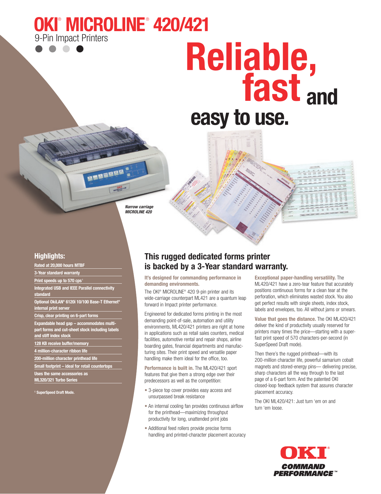 OKI Microline 420 Specification Sheet 