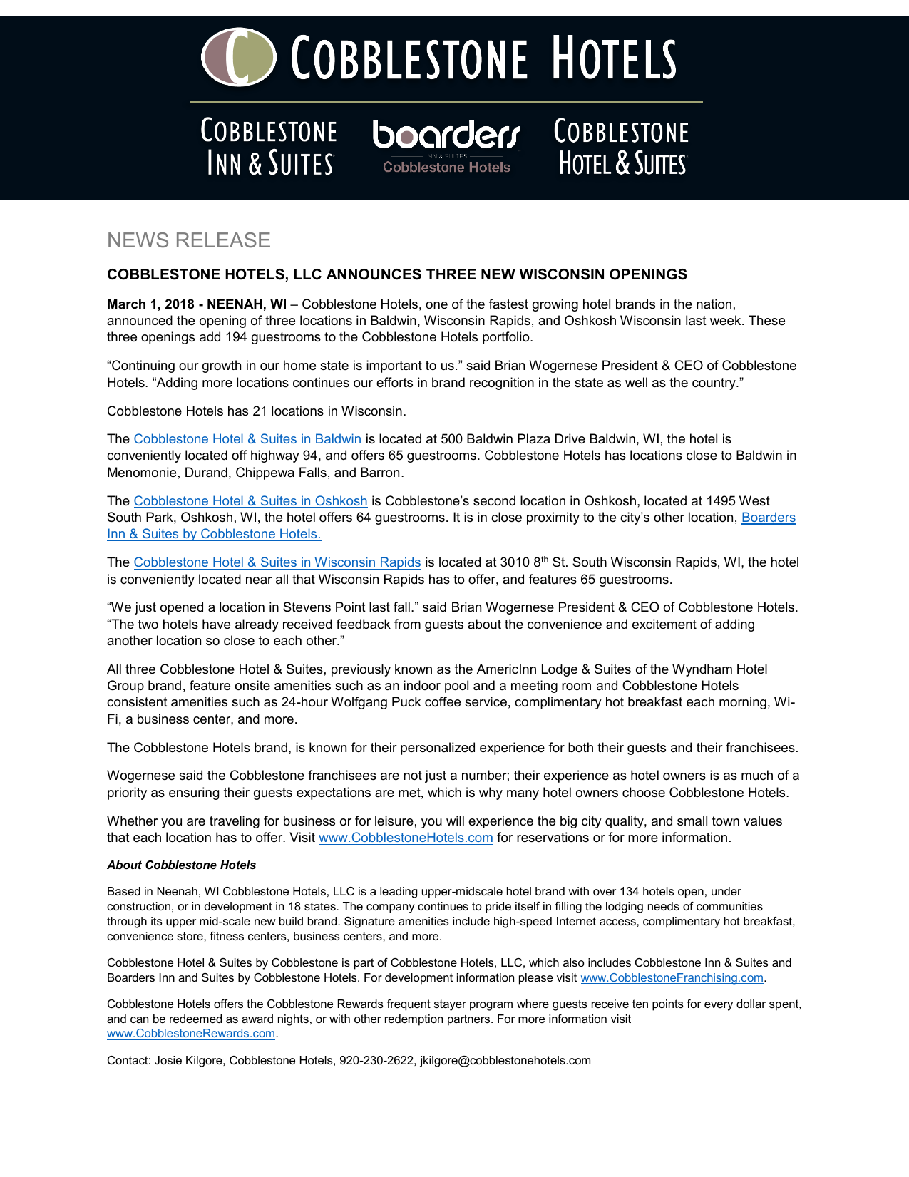 News Release Cobblestone Hotels Franchise Manualzz