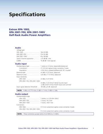 Extron XPA 1002 Spec Sheet | Manualzz