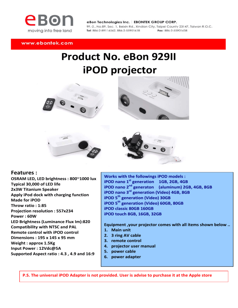 Product No Ebon 929ii Ipod Projector Manualzz