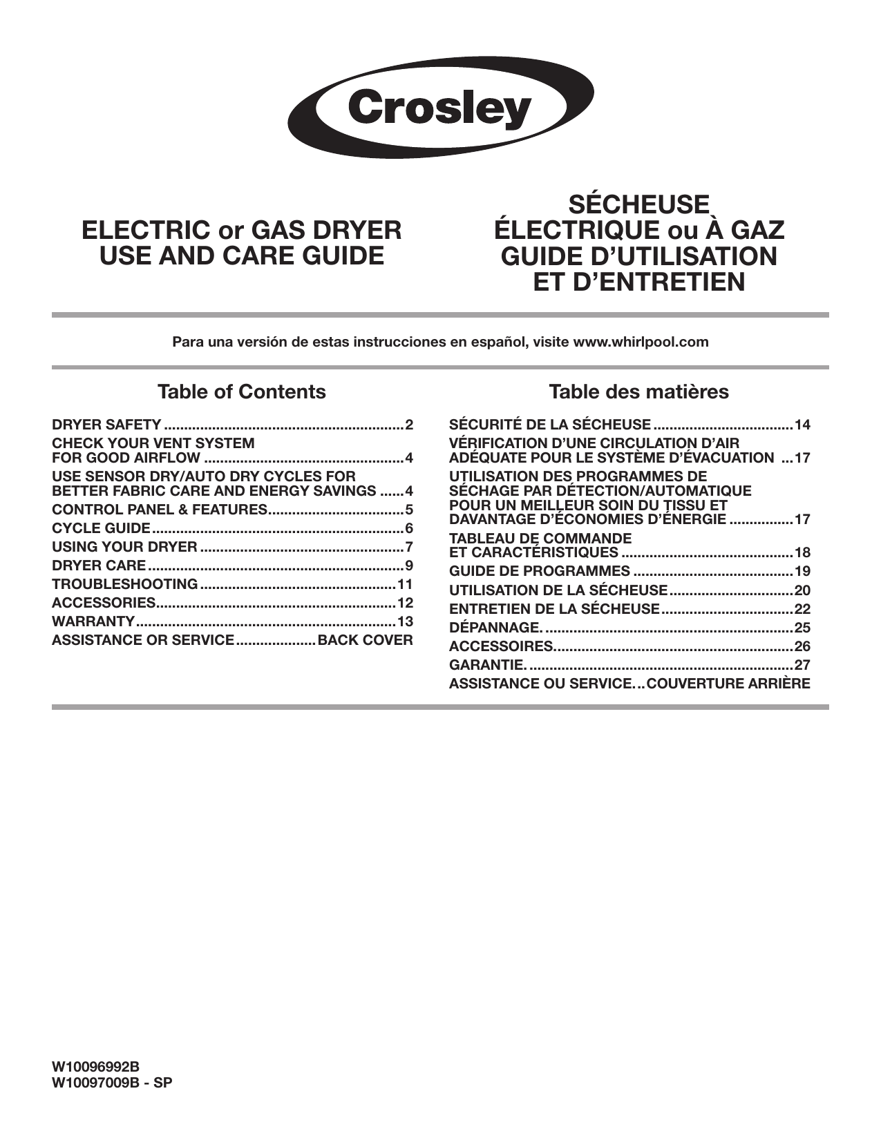Crosley CGD126SBW2 Gas Dryer Owner's Manual Manualzz
