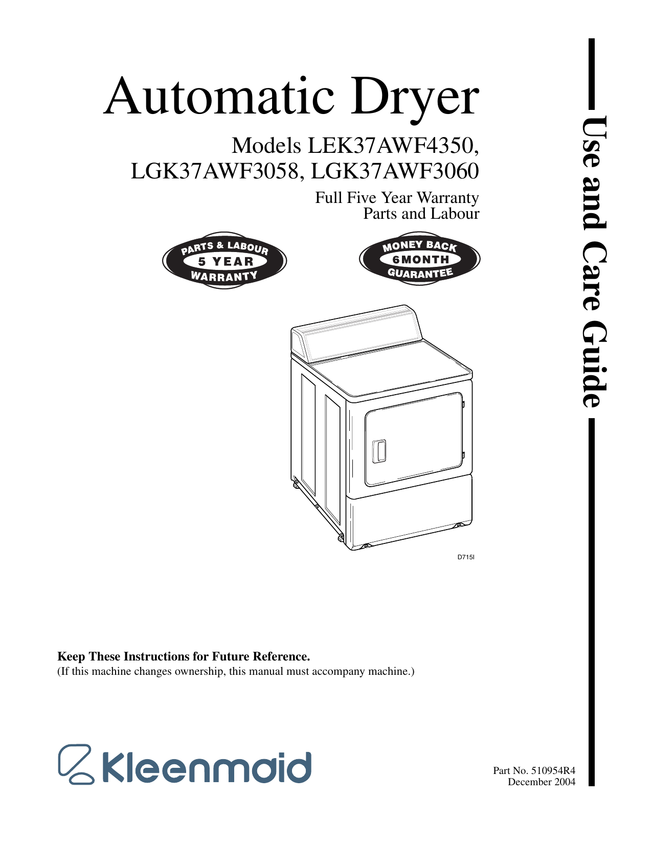 Kleenmaid LGK37A*F3058 Dryer Use and Care Manual Manualzz