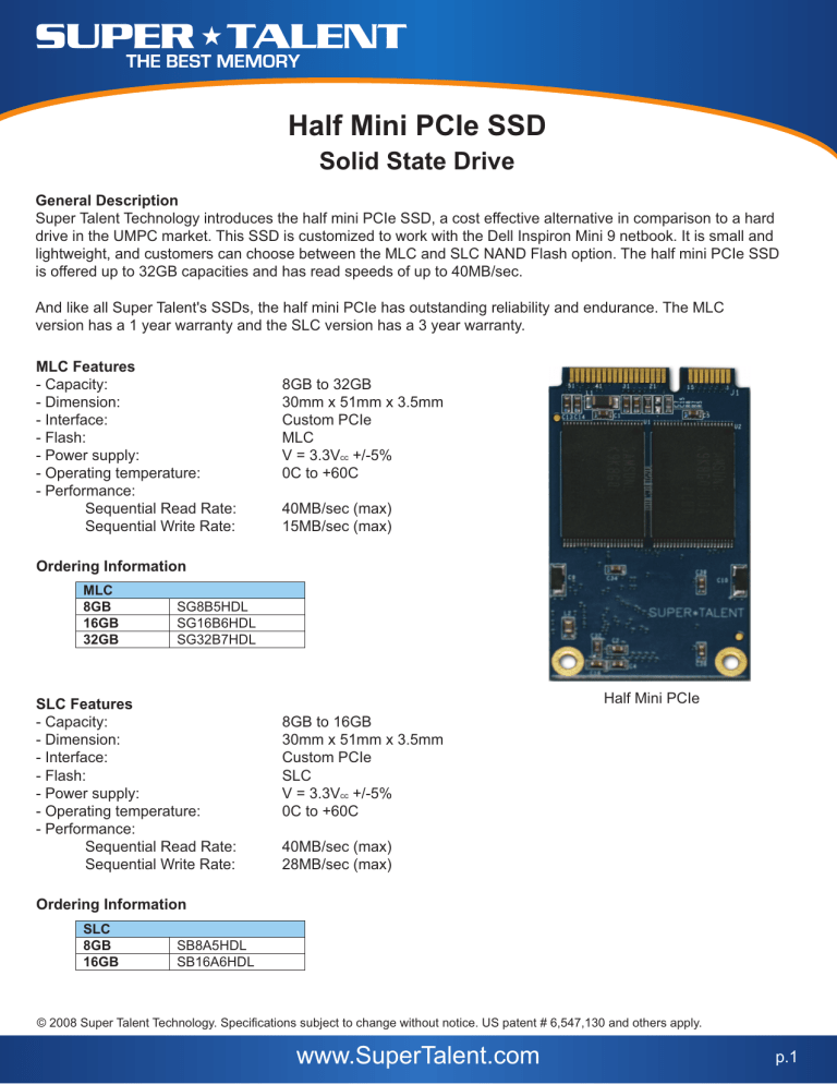 Half Mini Pcie Ssd Super Talent Technology Manualzz