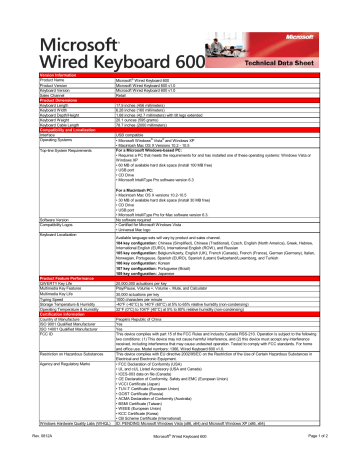 Version Information Product Name Microsoft® Wired Keyboard 600 | Manualzz