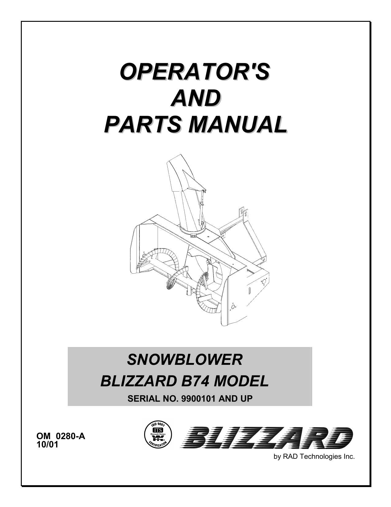 Rad Tech Blizzard B74 Snowblower Owners Manual