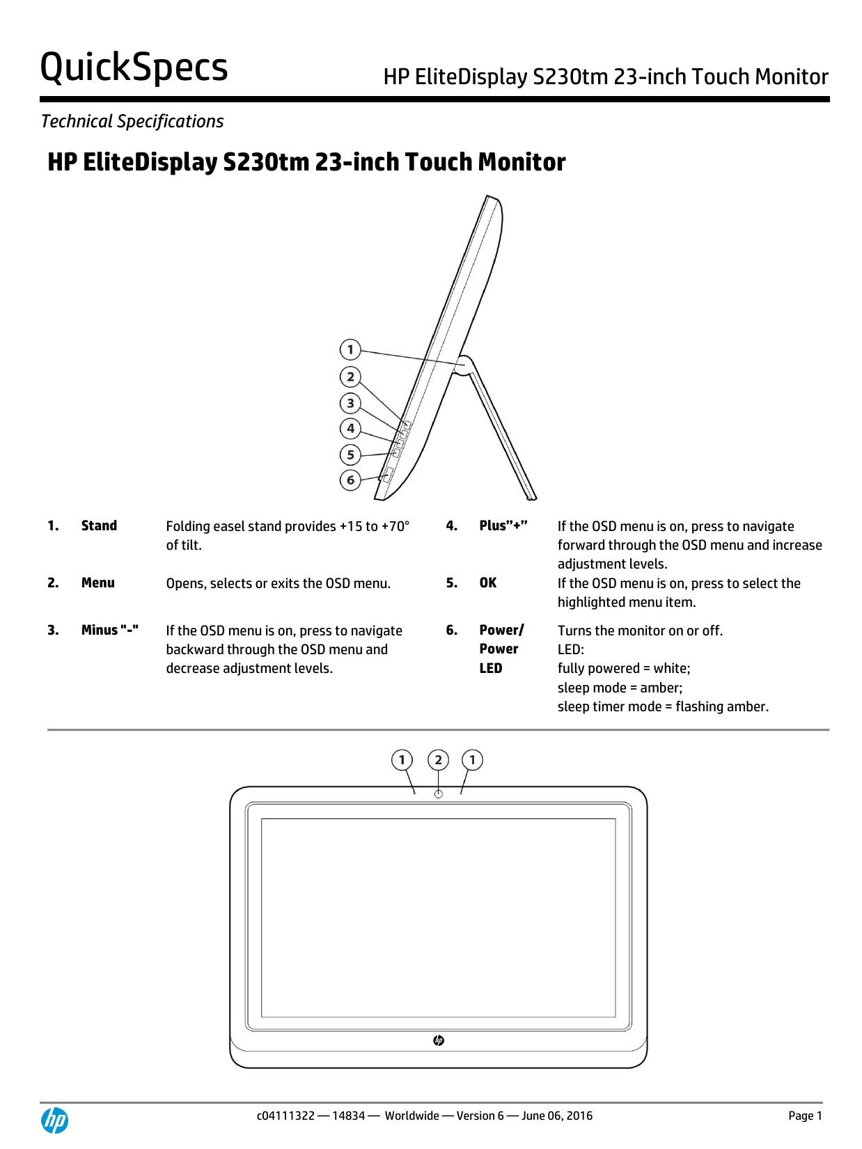 HP EliteDisplay S230tm 23inch Touch Monitor Manualzz
