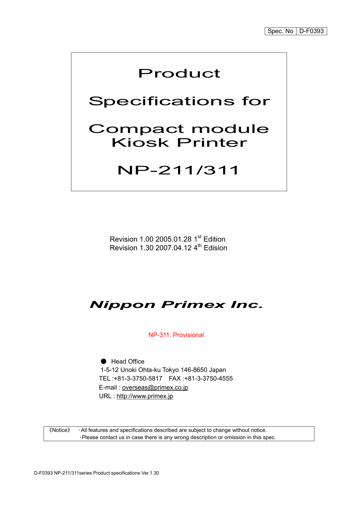 Product Specifications for Compact module Kiosk Printer NP | Manualzz