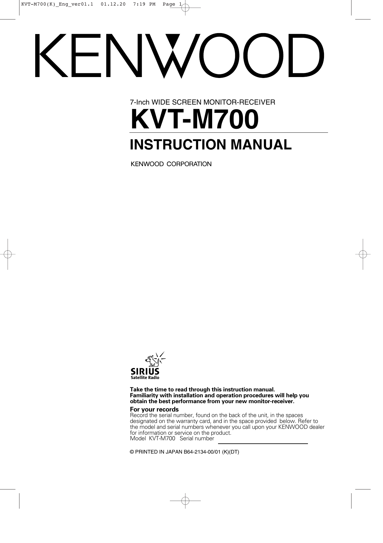Kenwood KVTM700 Instruction manual Manualzz