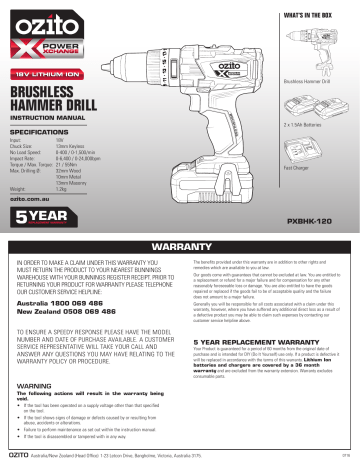 Ozito PXBHK 120 PXC 18V Brushless Hammer Drill Kit Product Manual