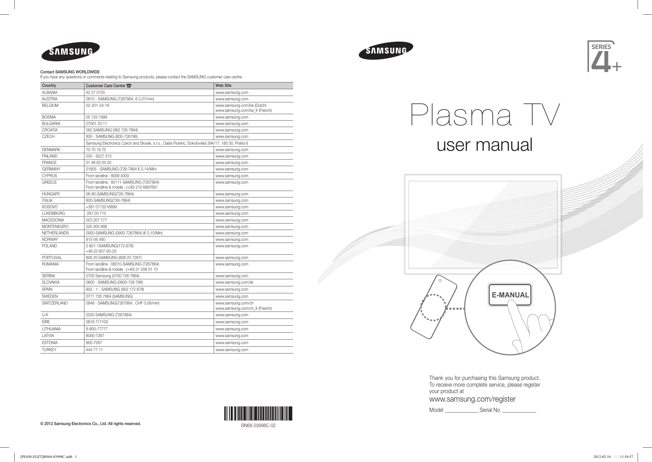 Samsung PS43E450A1W Quick start guide | Manualzz