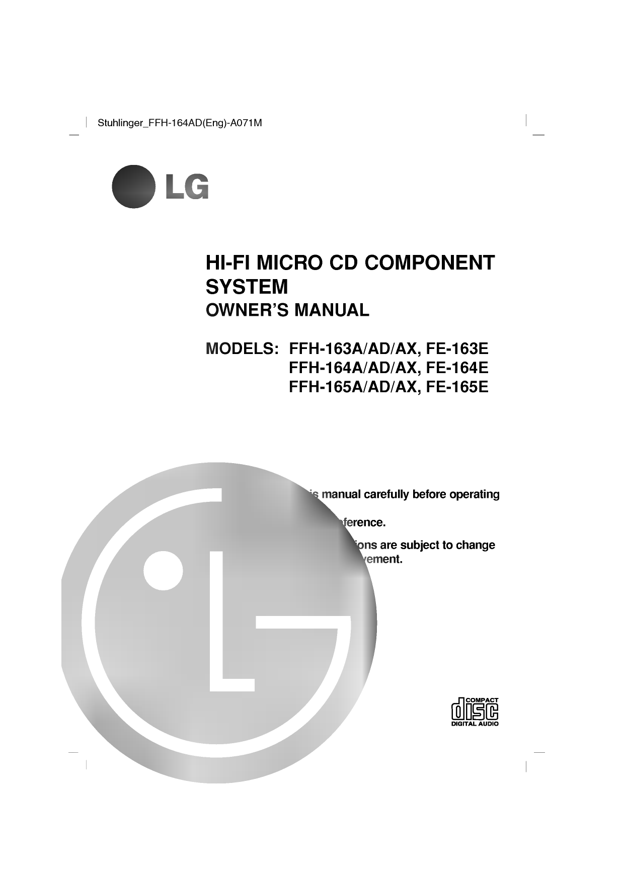 LG FFH-164AD manual,FFH-164AD pdf download,FFH-164AD Owner's Manual,LG...