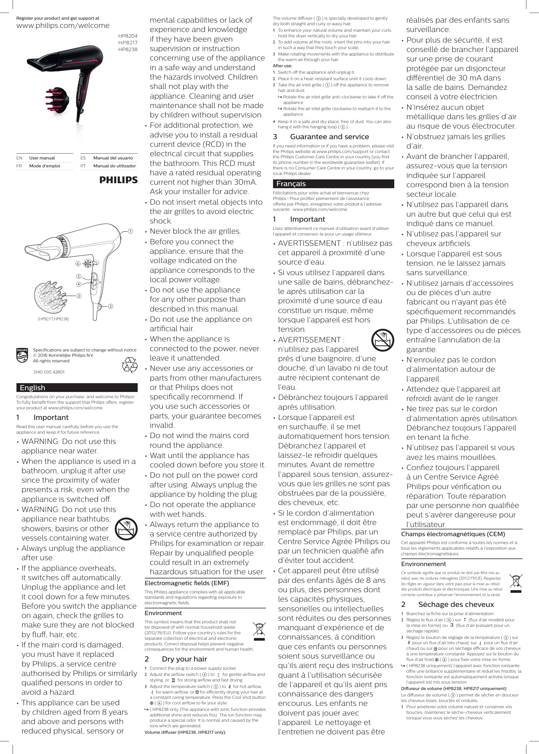 Philips ThermoProtect Secador HP8238/10 Manual do proprietário | Manualzz