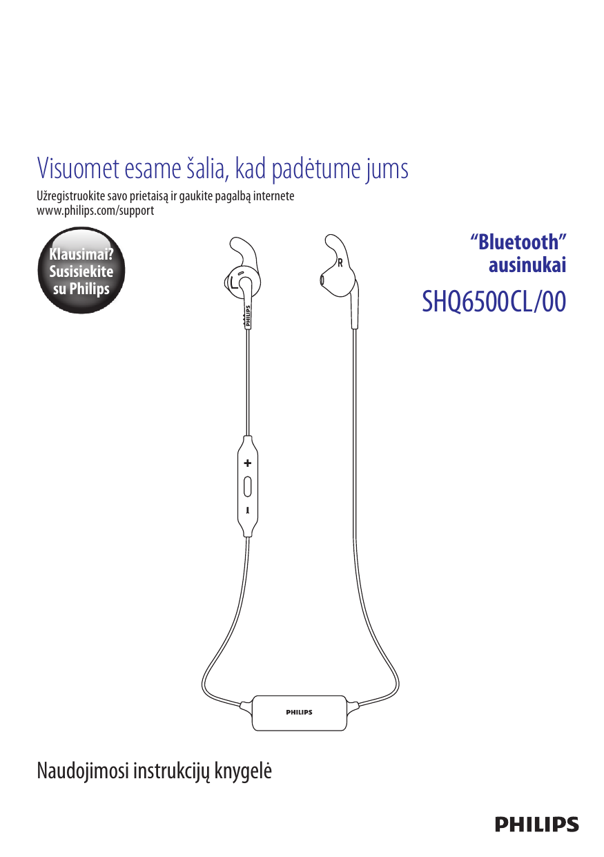 Philips „Bluetooth®“ sportinės ausinės SHQ6500CL/00 Vartotojo vadovas |  Manualzz