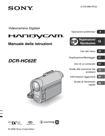 Sony DCR-HC62E HC62 Standard Definition DV Tape camcorder Istruzioni per l'uso | Manualzz