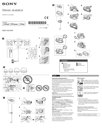 Sony MDR-AS400iP Sportske slušalice za unutrašnjost uha otporne na prskanje Uputstva za rukovanje | Manualzz