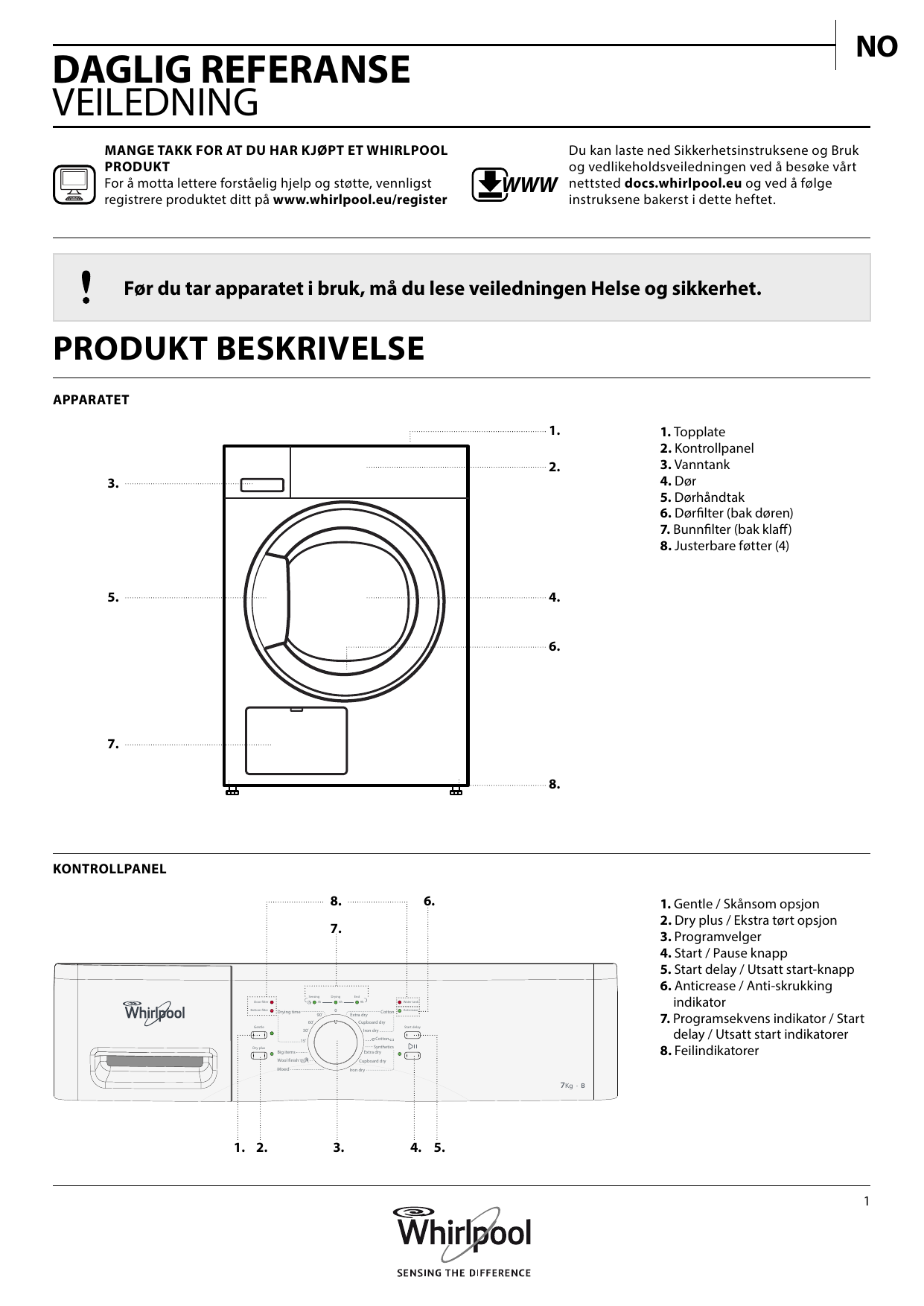 Whirlpool tørketrommel bruksanvisning