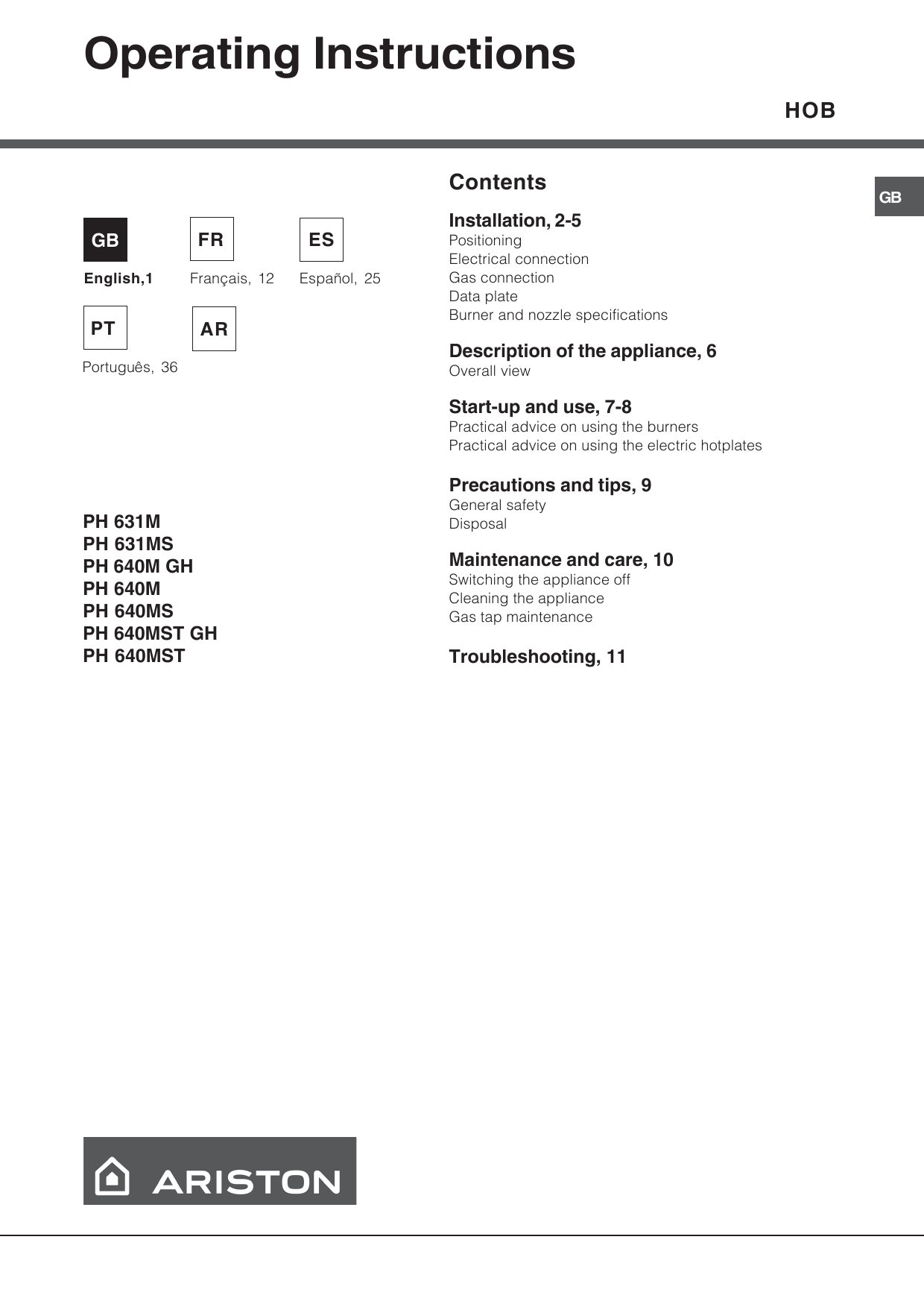 Ariston PH 640M (IX), PH 640MST (IX), PH 640M (WH), PH 631MS (IX), PH  640MST (WH), PH 640 MST GH User guide | Manualzz