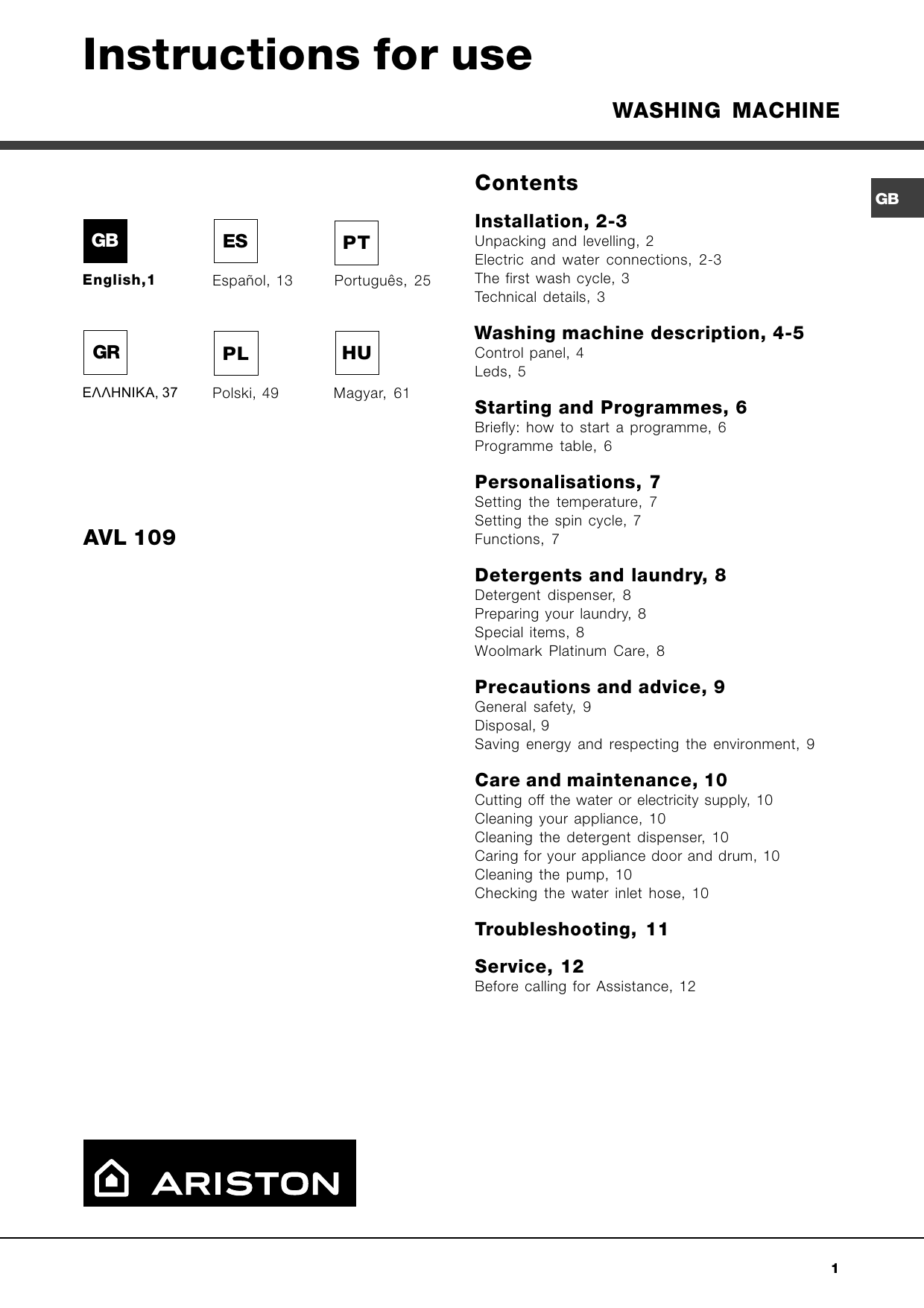 Ariston AVL 109, AVL109, AVL 109 (EU) Owner's manual | Manualzz
