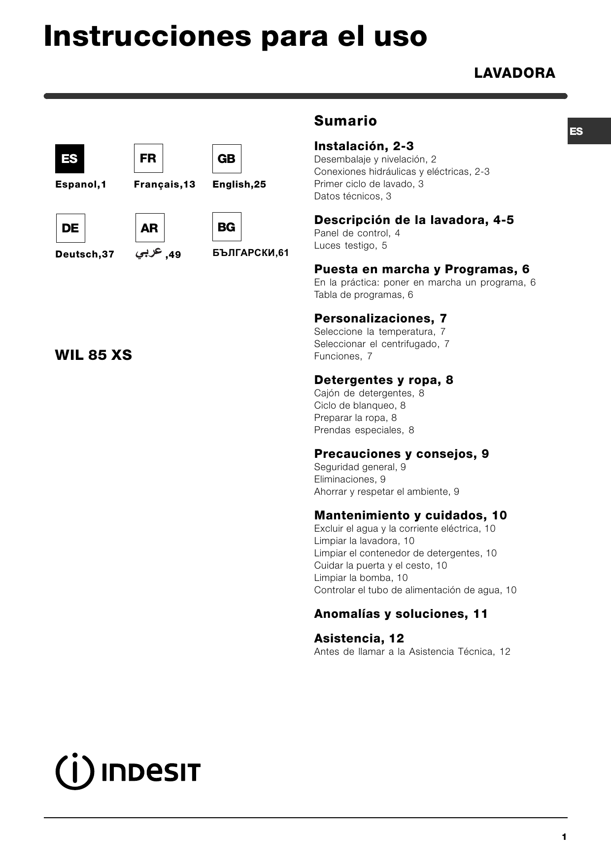 Indesit Wil 85 Xs Ex User Guide Manualzz