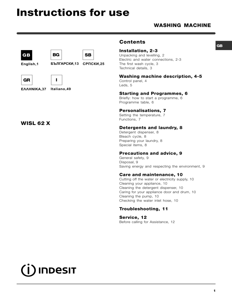 Indesit Wisl 62 X Ex User Guide Manualzz