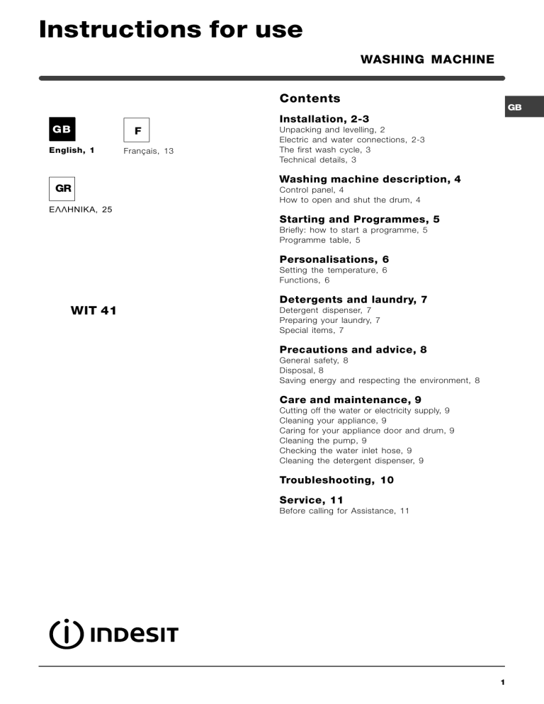 Indesit Wit 41 Eu User Guide Manualzz