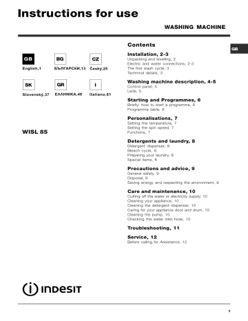 Indesit Wisl 85 Ex V User Guide Manualzz