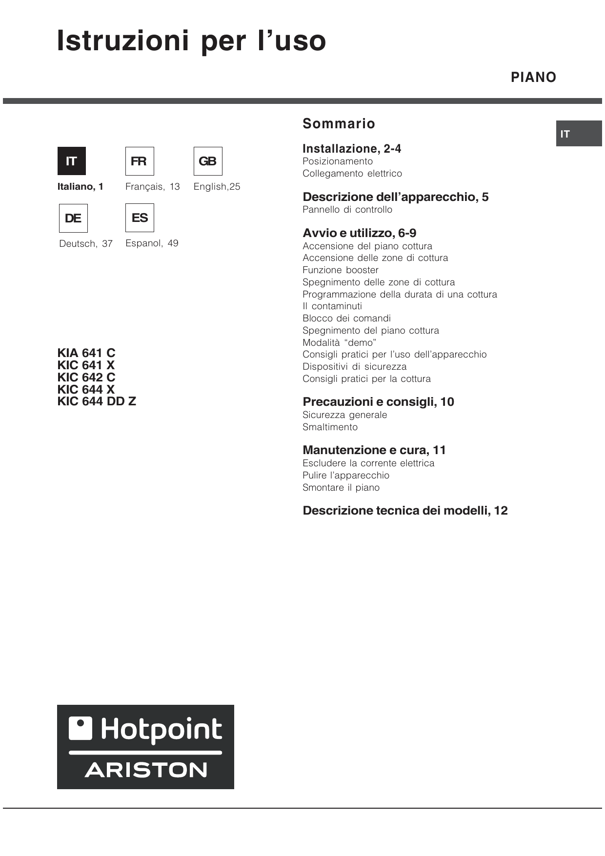HOTPOINT/ARISTON KIC 642 C, KIC 641 X, KIA 641 C User guide | Manualzz