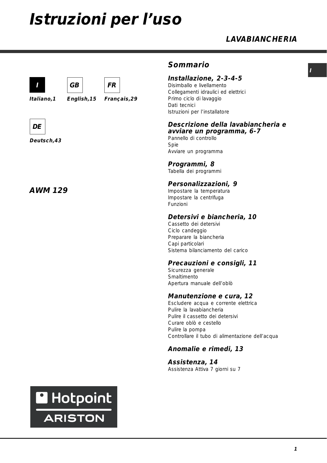 HOTPOINT/ARISTON AWM 129 (EU) Instruction for Use | Manualzz
