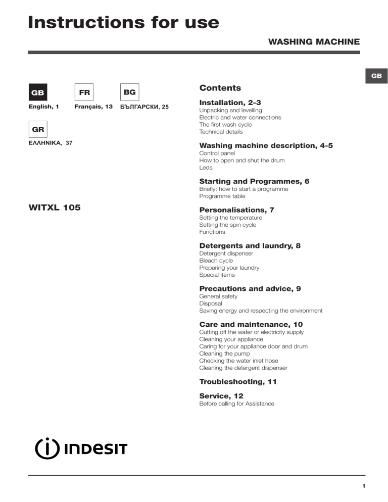 Indesit Witxl 105 Ee User Guide Manualzz