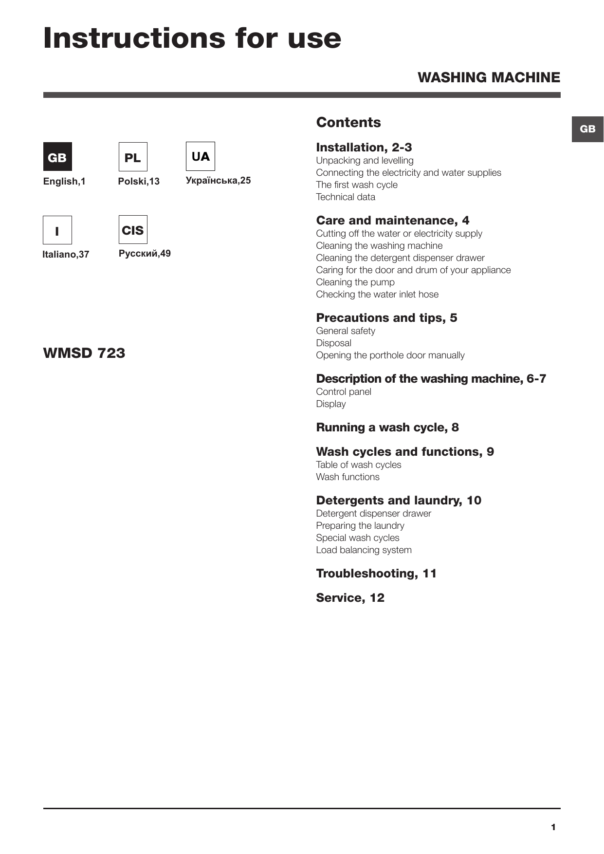 Hotpoint-Ariston WMSD 723, WMSD 723B EU Owner's manual | Manualzz