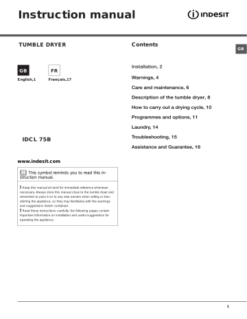 Indesit Idcl 75 B Hr Fr Instruction For Use Manualzz