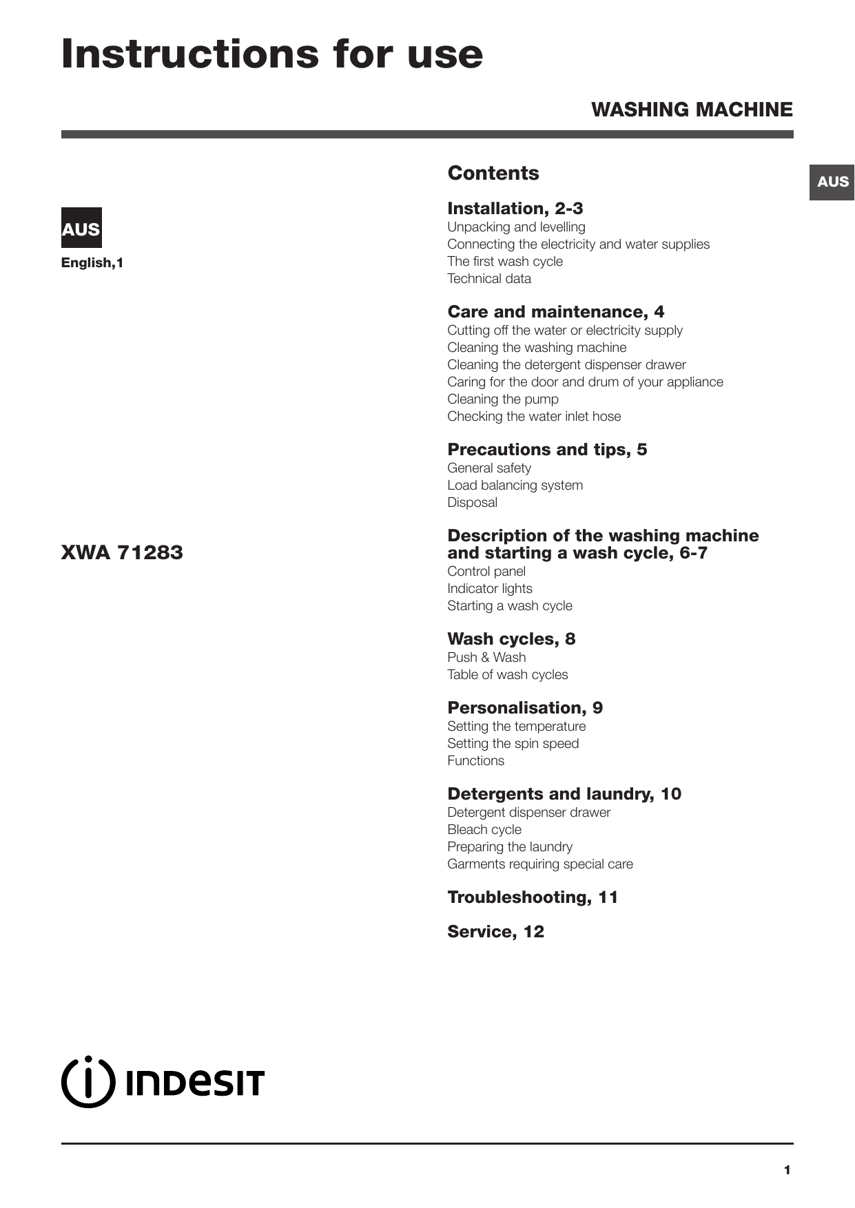 Indesit Xwa 71283 W Aus Instruction For Use Manualzz