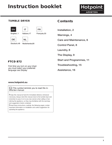 HOTPOINT/ARISTON FTCD 872 6HM1 (EU) Instruction for Use | Manualzz