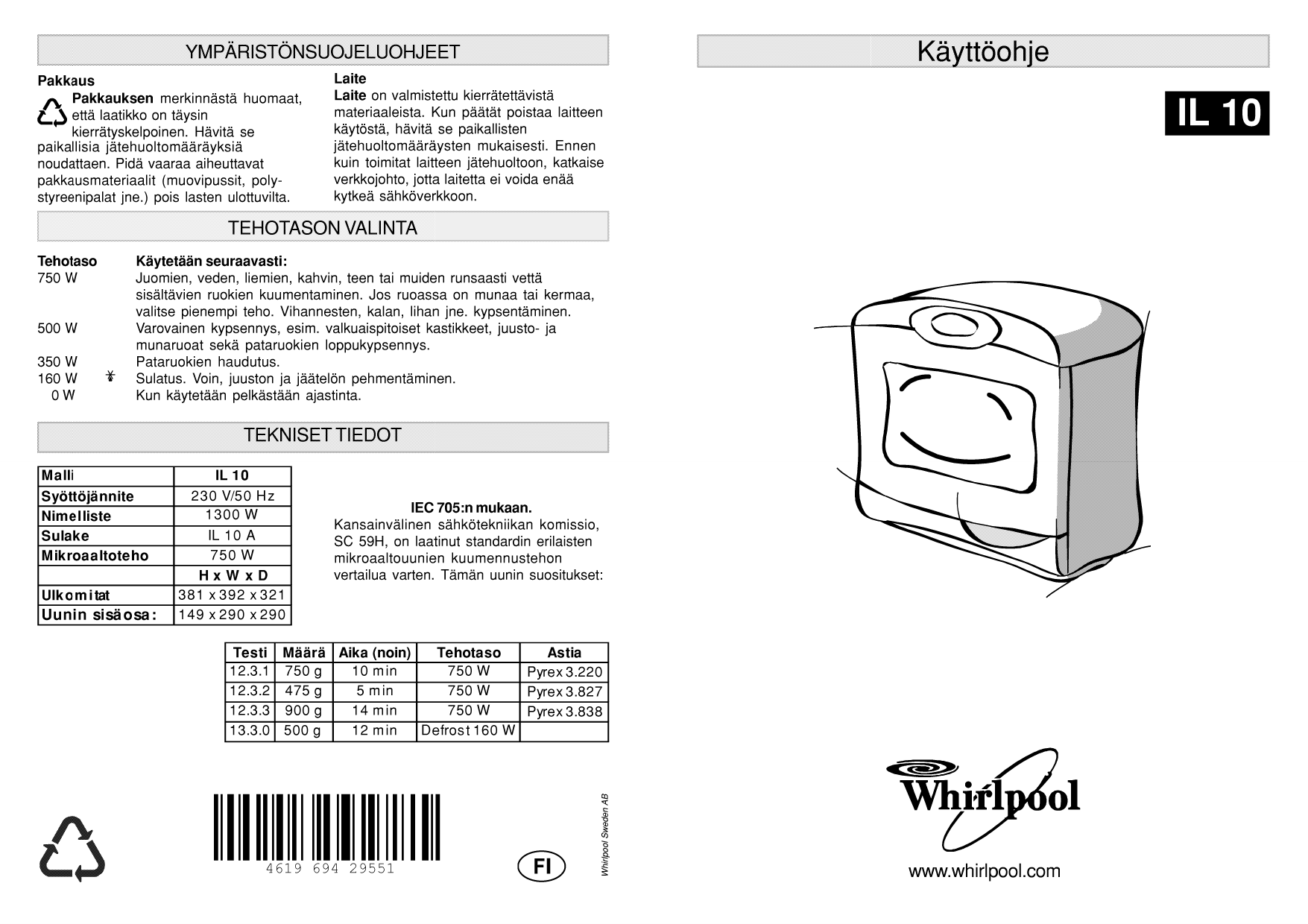 Whirlpool IL 10/WH/2 Microwave Kasutusjuhend | Manualzz