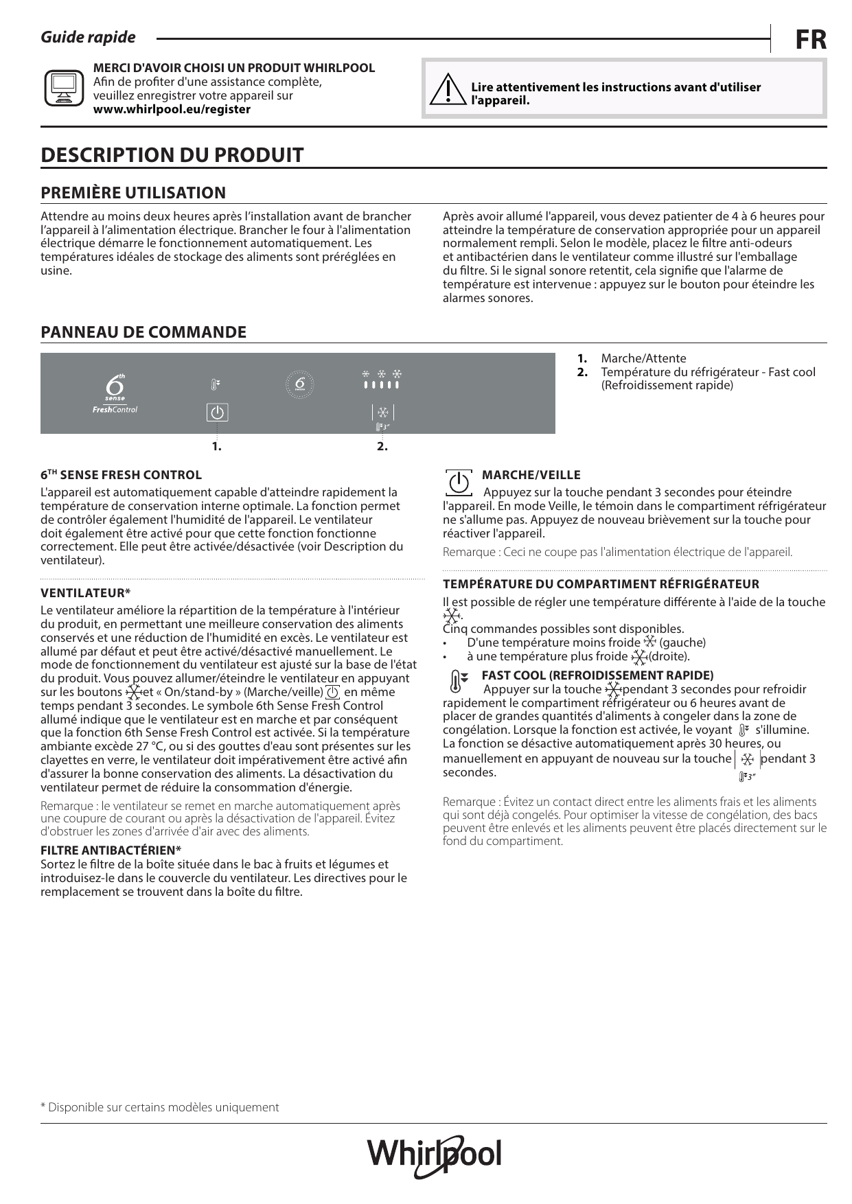 Notice Frigo Whirlpool 6th Sense Fresh Control