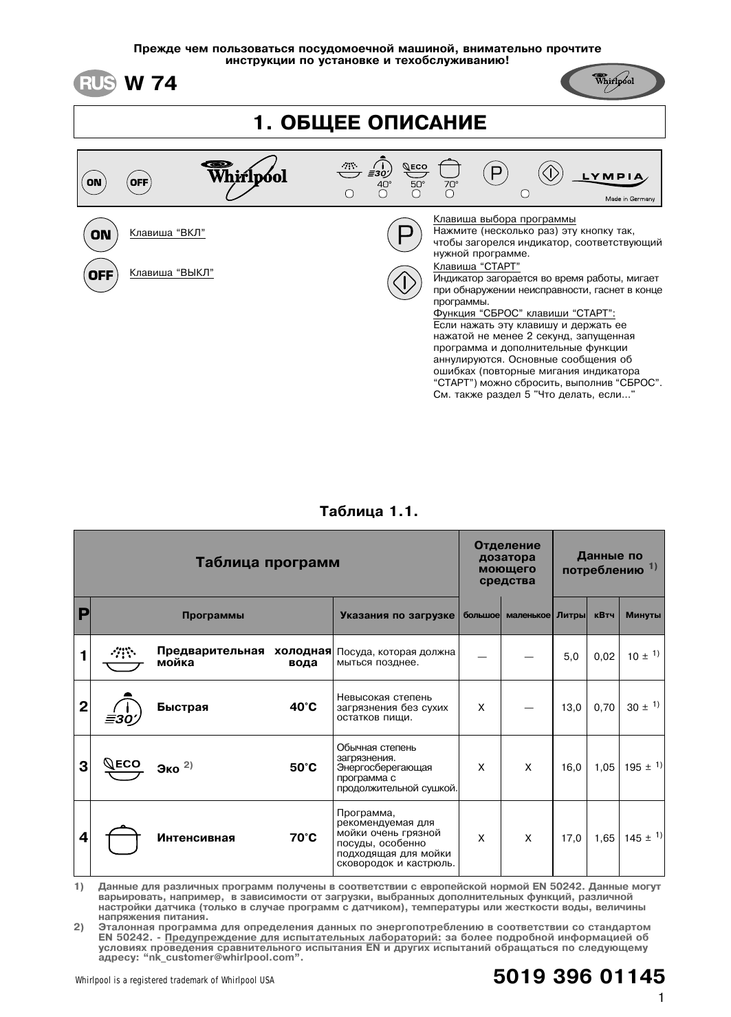 Whirlpool W 74/2 Instruction for Use | Manualzz