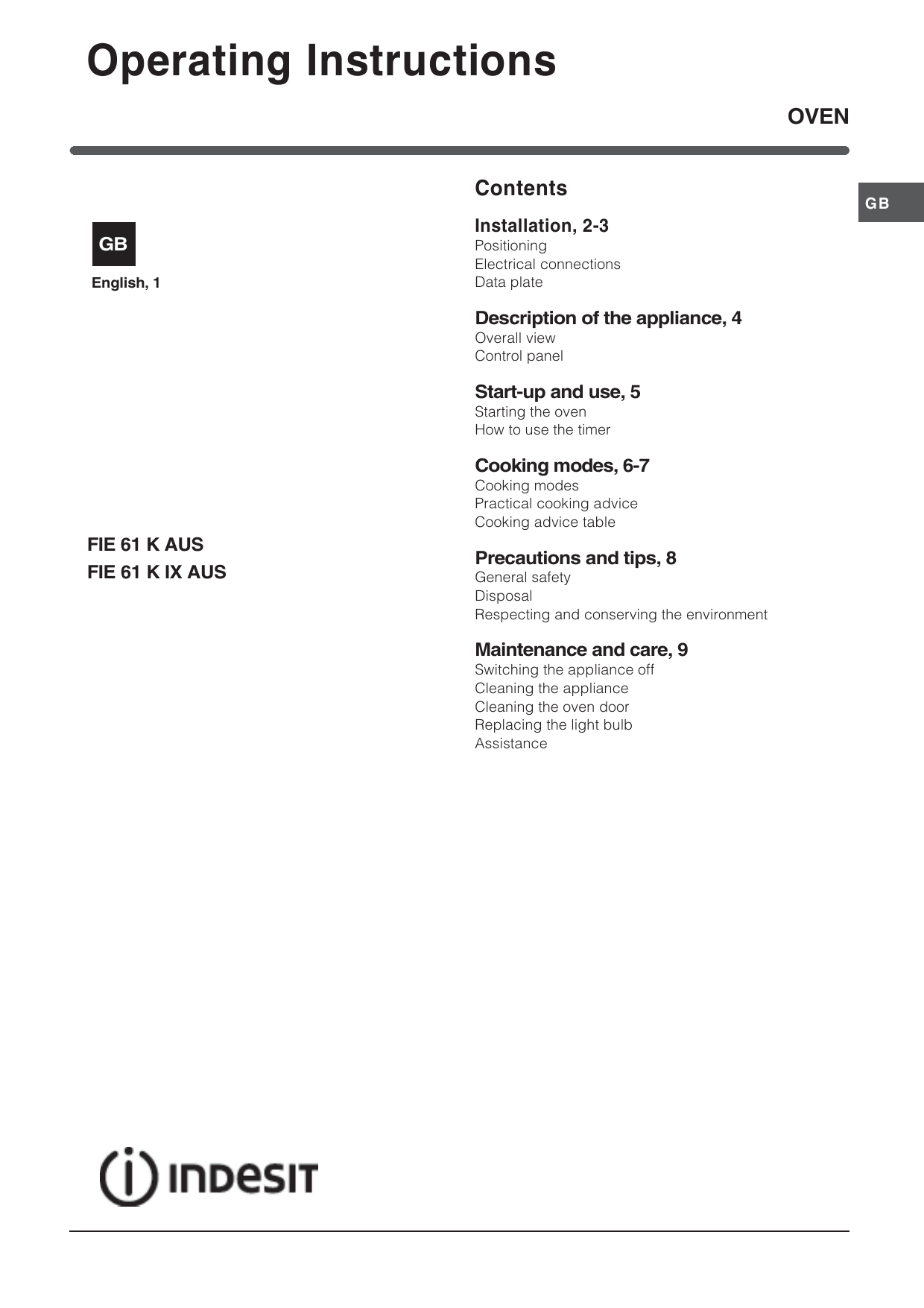 Indesit Fie 61 K Ix Aus Instruction For Use Manualzz