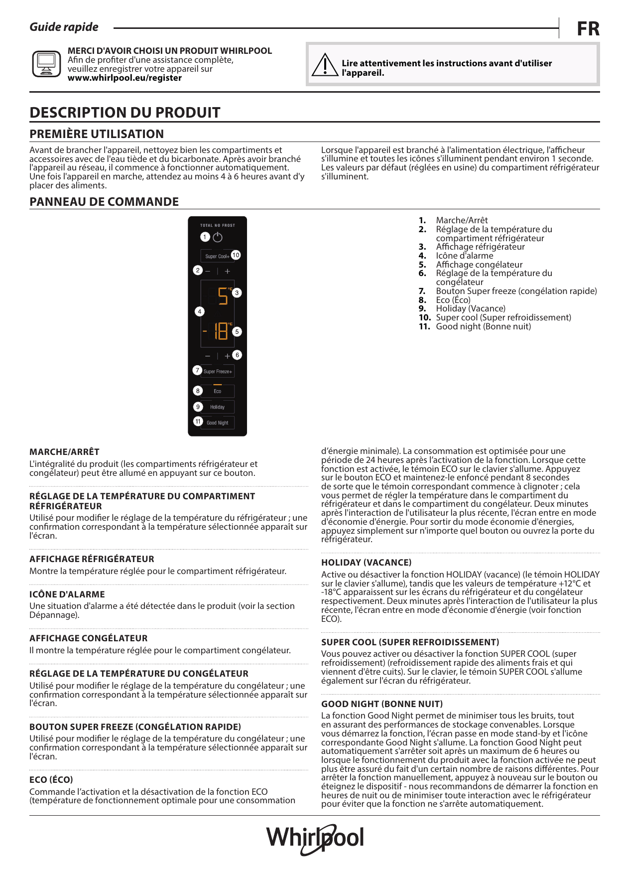 Réglage Température Frigo Whirlpool 6th Sense W7